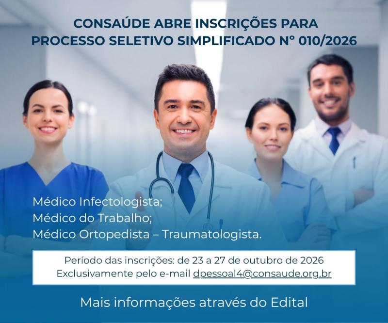 CONSAÚDE abre inscrições para Processo Seletivo Simplificado nº 010/2026