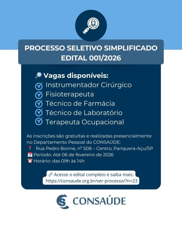 CONSAÚDE abre Processo Seletivo Simplificado para contratação temporária em cinco áreas da saúde